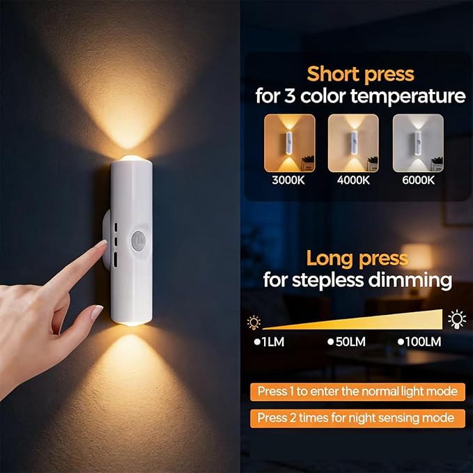 Smart Rechargeable LED Night Light, RGB Gradient Ambient Lighting is Dimmable, and The Magnetic/Stick-on Design for Bedroom, Stairs, Hallway, Entryway (6PC RGB 7-Color)