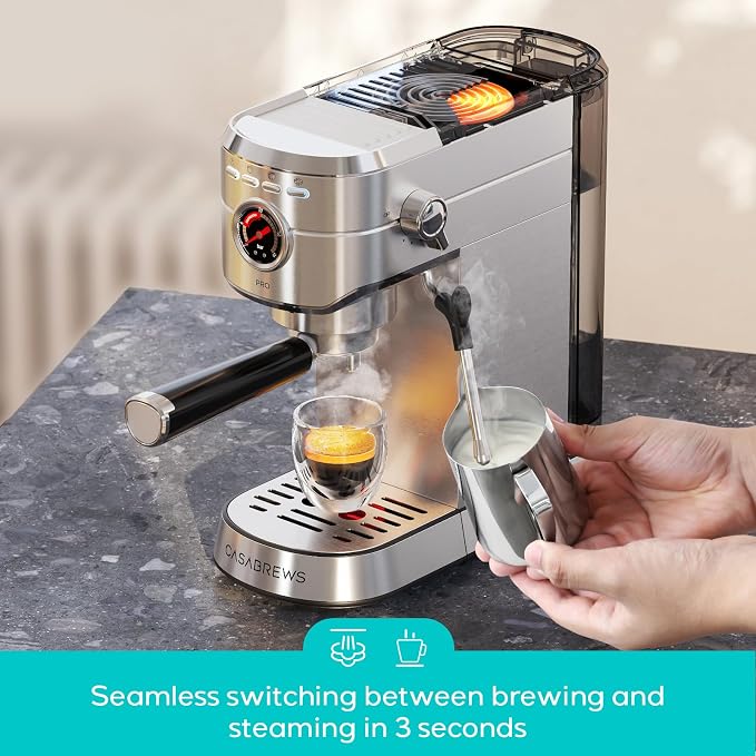 CASABREWS 5418 PRO Espresso Machine with Fast Heating System and Steam Wand | Brew Ready in 5 Seconds, Brews 2+ Milk Drinks in A Row, 20-Bar Pump, Built-in Pressure Gauge, Pro Steam Wand for Lattes