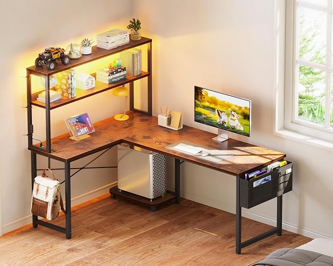ODK 53" L Shaped Gaming Desk with Shelves, LED & Outlets, Vintage | Headset hook. Storage bag. Shelves for stationery & accessories. LED for late-night gaming. Reversible. Fits dual monitors.