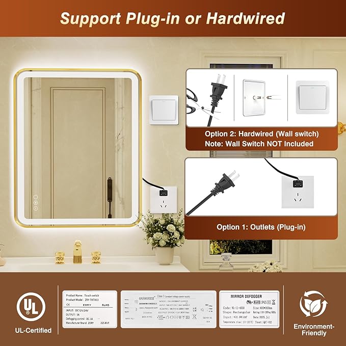 36x48 Inch LED Bathroom Mirror with Gold Frame,Front and Backlit Vanity Mirror, Stepless Dimmable Wall Mirrors with Anti-Fog, 3 Colors, Memory, Waterproof, LED Smart Bathroom Mirror