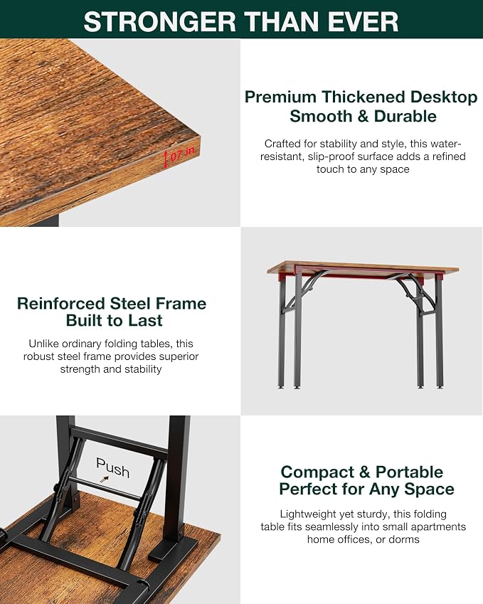 Frylr Small Folding Computer Desk – 35.8 Inch Portable Table for Craft and Study, Lightweight Desk for Small Spaces, Foldable Laptop Table Built-in AC/USB Outlets for Convenience, Rustic Brown