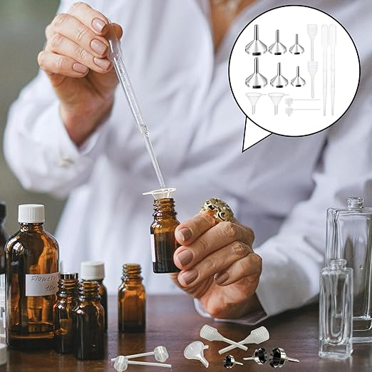 14 Pcs Small Funnel Set, Silver Aluminium Metal Mini Funnels, Clear Plastic Dropper Plastic Dispenser for Bottle Filing Essential Oil, Liquid, Glitter Powder, Perfume, Cosmetics, Crafts, Sand