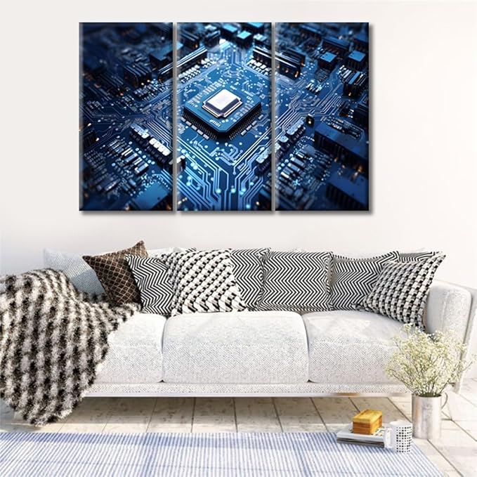 CPU Concept Wall Art Technology Blue AI Pictures Print On Canvas Circuit Board Modern Artwork 3 Panels Wall Art for Living Room Office Gallery Wrapped Posters Framed Ready to Hang, (42"Wx28"H)
