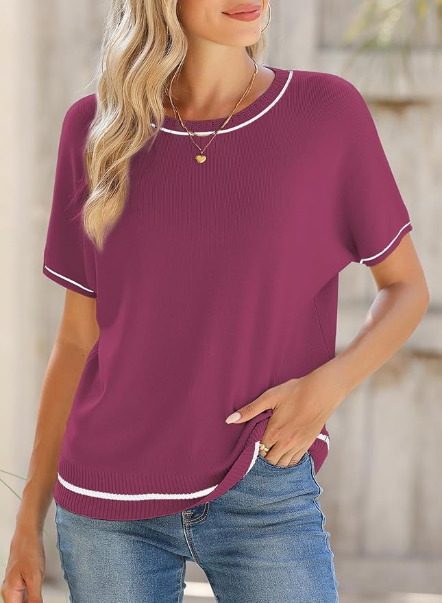 SHEWIN Womens Tops Trendy Short Sleeve Shirts Crewneck Lightweight Knit Sweater Top Business Casual Outfits