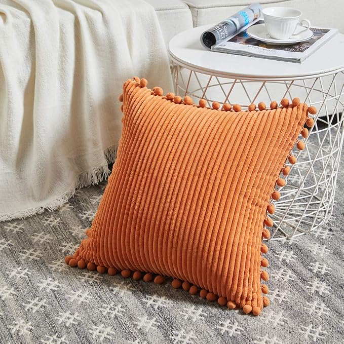 Fancy Homi Set of 2 Orange Decorative Throw Pillow Covers 14x14 Inch with Pom-poms for Couch Bed Sofa, Modern Farmhouse Boho Home Decor, Soft Plush Corduroy Cute Cushion Case 35x35 cm