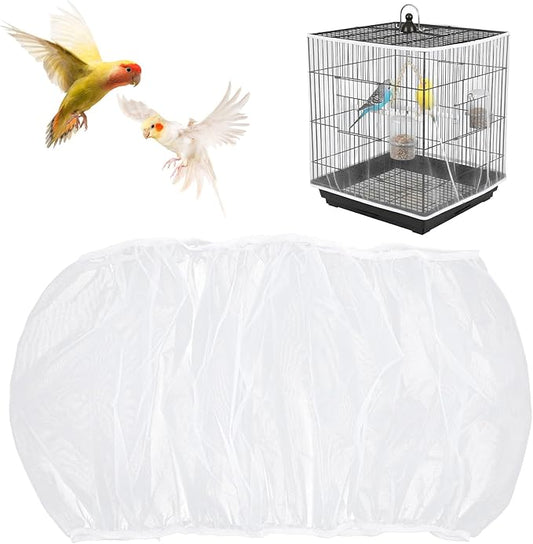 Bird Cage Seed Catcher, Mesh Net Cover Guard Soft Airy Cage Net Stretchy Skirt for Parrot Enclosures Round Square Cages(White