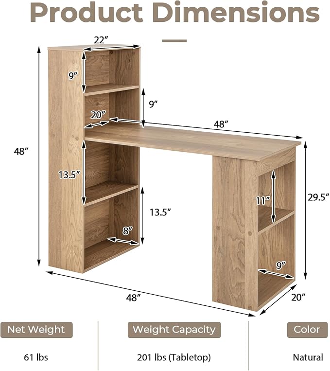 GRAFFY Computer Desk with 6 Storage Shelves - 48" Reversible Writing Desk Workstation with Bookshelf and CPU Stand, Modern Compact Office Desk for Bedroom, Study, Home, Office (Natural)