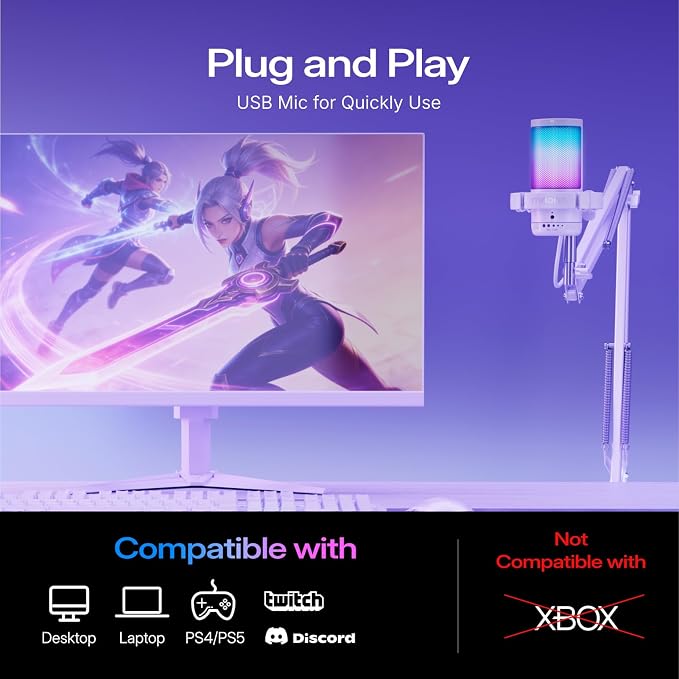 MAONO DGM20S USB Microphone for PC with Clear Voice & Noise Reduction | RGB Lighting, Tap-to-Mute, Gain Control, Monitoring and Boom Arm for Discord Gaming, Streaming, Content Creation.White