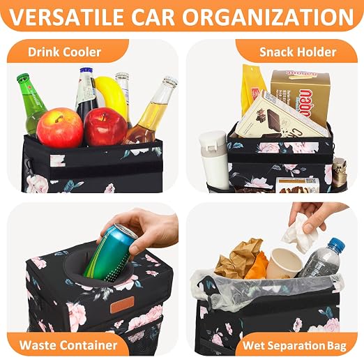 Vankor 4.2 Gallons Car Trash Can with Lid, Bag Bin Hanging Waterproof Automotive Car Garbage Cans Leak Proof Vehicle Trash Can for Truck SUV,Black Floral