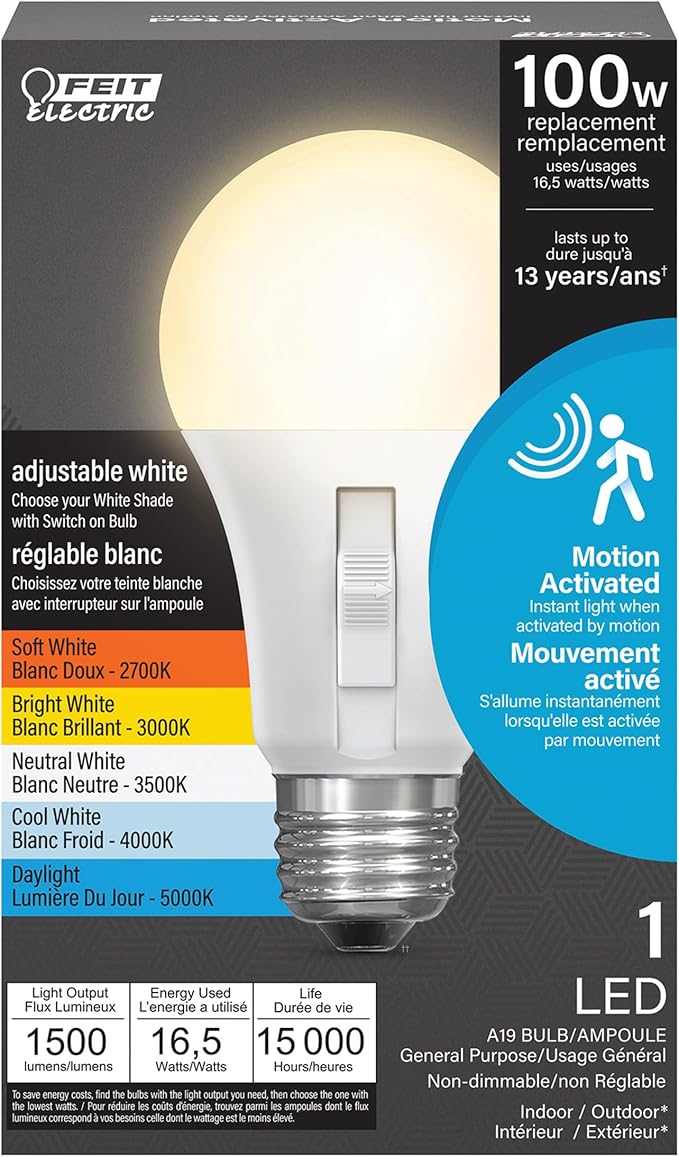 Feit Electric LED Motion Sensor Light Bulb, A21 100W Equivalent, 5CCT, Non-Dimmable, E26 Medium Base, 90 CRI, 1500 Lumens, Adjustable White, 15 Years Lifetime, OM100/5CCTCA/MM/LEDI