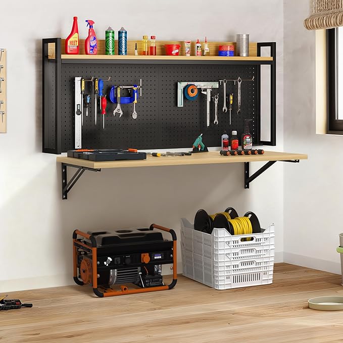 50” Heavy Duty Wall Mount Folding Workbench, 600LBS Garage Chipboard Workbench Table with Shelf & Power Tool Dock, Space Saving Collapsible Steel Frame for Workshop, Kitchen, Laundry Room
