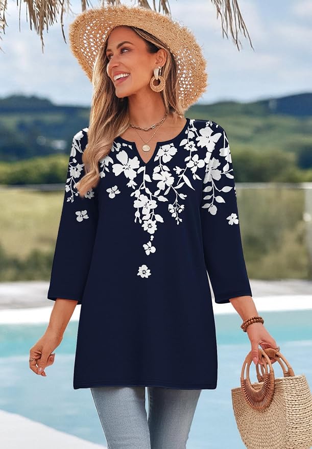 OFEEFAN Summer Boho Tops For Women 3/4 Length Sleeve Womens Tops Vacation Outfits