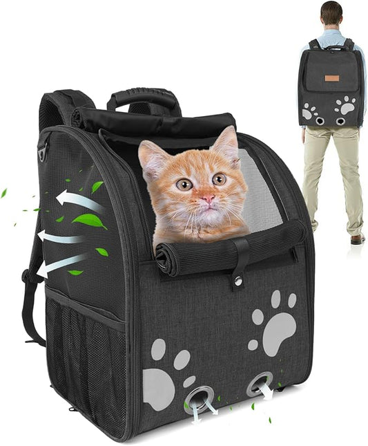 Cat Carrier Backpacks for Kitty Small Dog up to 15 lbs, Lightweight and Foldable Dog Backpack Carrier with Breathable mesh for Travel, Walking, Hiking, Camping and Vet (Black)