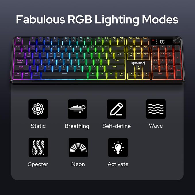 Redragon K526 PRO Wireless RGB Membrane Gaming Keyboard, LED Screen & Knob | See Battery, Mode & Time at a Glance, 0-Delay Tri-Mode, One-Touch Backlit & Media Adjust, 26-Key Anti-Ghost for Combo-Strike
