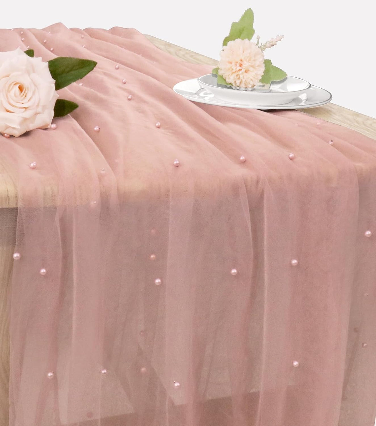 Set of 6 Pearl Valentine's Day Table Runner 29 x 120 Inch Dusty Pink Boho Rustic Tulle Fabric Lace Table Runners for Bridal Shower Birthday Party Wedding Arch Dessert Table Decor(Dusty Pink)