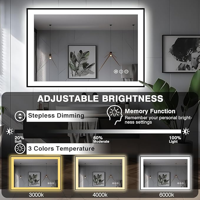 44x32 Bathroom Mirror with LED Lights - Black Framed, Front and Backlit Mirror, Anti-Fog LED Vanity Mirror, 3 Colors and Dimmable Mirror, Waterproof, Corrosion Proof (Horizontal/Vertical)