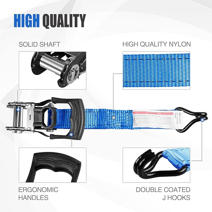 AWELCRAFT Ratchet Straps(4 Pack),3300lb Breaking Strength,1.5in×10ft Heavy Duty Tie Down Ratcheting with Padded Handles,Double J Hooks & 4 Soft Loops for Trailer,Trucks,Motorcycle(Blue)
