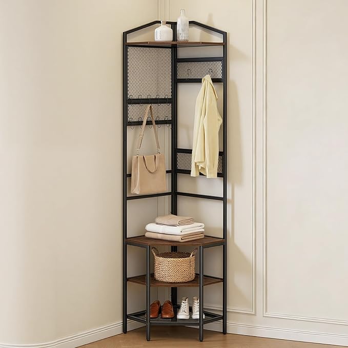 VEVOR Corner Hall Tree, 71.3 in Coat Rack with Hooks, Top Shelf & Steel Frame, Freestanding Clothes Shoes Rack Storage Organizer with Anti-Tip Set, Adjustable Non-Slip Feet for Entrance Closet Office