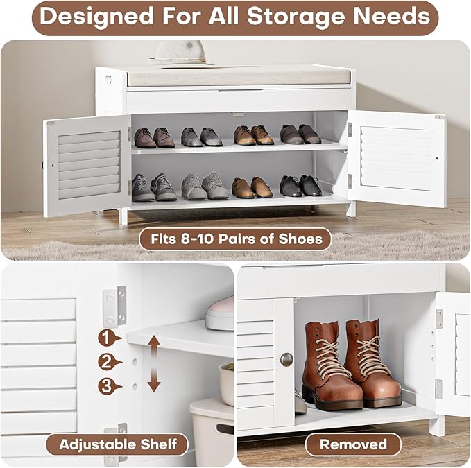 Shoe Storage Bench with Lift Top Storage, Entryway Bench with Cushioned Seat, Adjustable Shelf, 2 Tier Shoe Rack with Doors for Entryway, Bedroom, Hallway, Mudroom, White