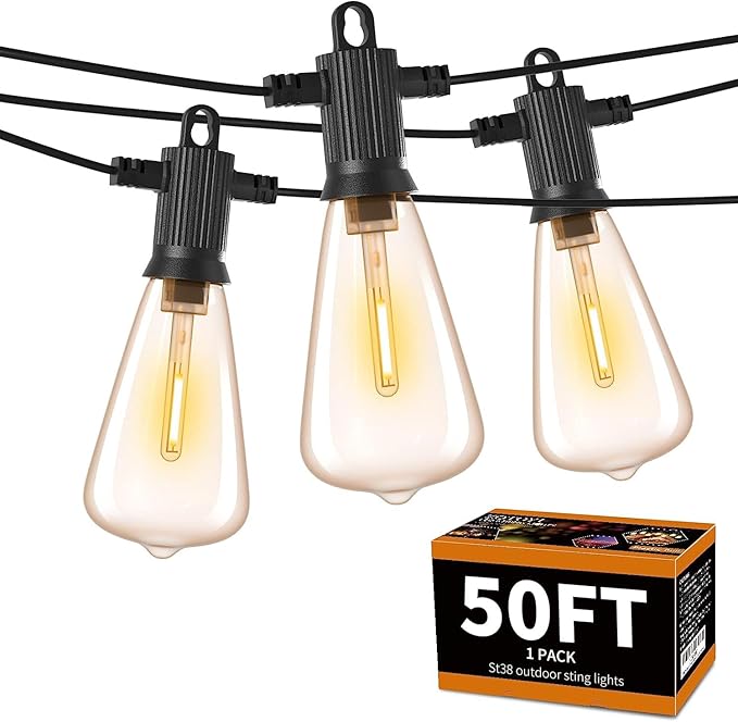 ZOTOYI Outdoor String Lights 50 FT, Patio Bulbs with 27 LED Plastic Edison ST38 Bulbs (2 Spare), Waterproof IP65 Outdoor Hanging Lights for Garden, Backyard, Cafe, Porch, Gift, Gazebo - Dimmable 2700K