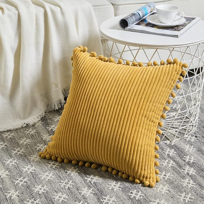 Fancy Homi Pack of 2 Mustard Yellow Decorative Throw Pillow Covers 16x16 Inch with Pom-poms for Living Room Couch Bedroom, Soft Corduroy Fall Solid Square Cushion Case 40x40 cm, Boho Home Decor