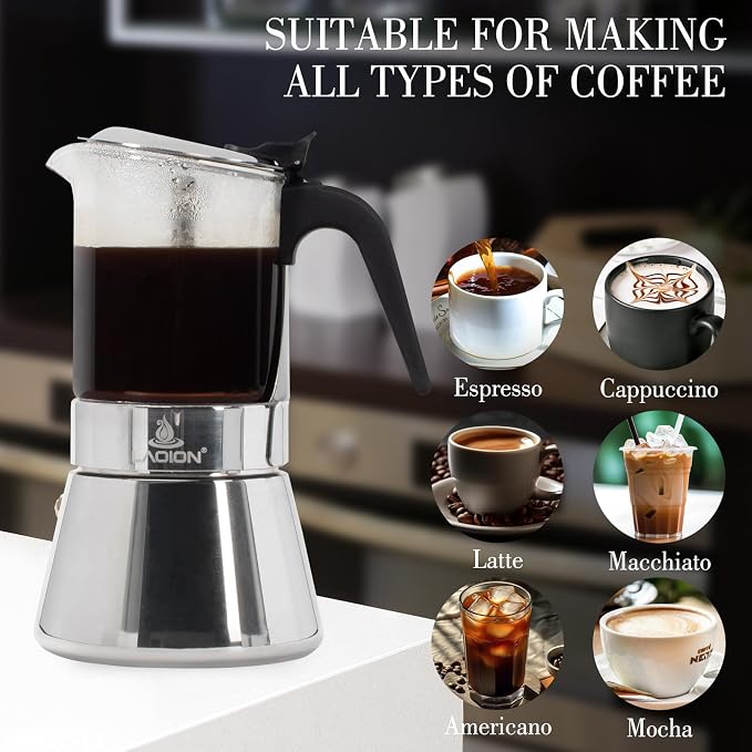 LAOION Stovetop Espresso Maker, 9Cup 360ml Moka Pot, Cuban Coffee Make | Crystal Glass-top & Stainless Steel Coffee Maker Mocha Pot, Greca De Cafe, Cuban and Italian Coffee Maker for Cafetera Cubana