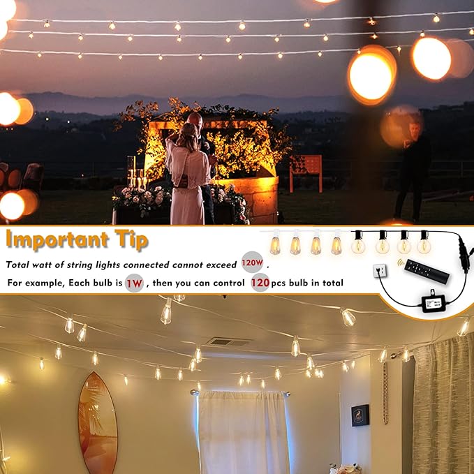 120W(Max) Remote Dimmer Timer Function Plug in for All Outdoor String Lights, Patio Lights, Led Lamp, Lamp in 100FT Remote Control Distance