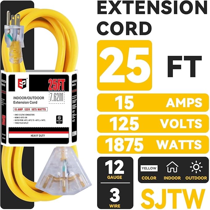 EP 2 Pack 25 Ft 12 Gauge Heavy Duty Extension Cord, 15A 125V 1875W, 3 Outlet Indoor/Outdoor Power Cord with Lighted End, 12/3 SJTW Weatherproof Yellow