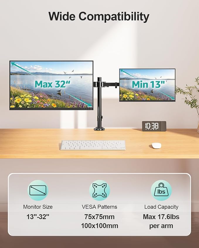 MOUNT PRO Dual Monitor Mount Fits 13-32 Inch/17.6lbs LCD Screen, Computer Monitor Desk Mount, Articulating Monitor Arm, Height Adjustable Display Stand for 2 Monitors, VESA Mount 75x75/100x100mm