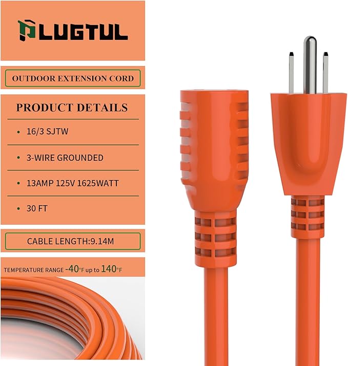 Outdoor Extension Cord 30 FT Waterproof, 16/3 Gauge Heavy Duty 3 Prong Extension Cord, 13A 1625W SJTW, ETL Listed, Great for Garden and Home, Orange