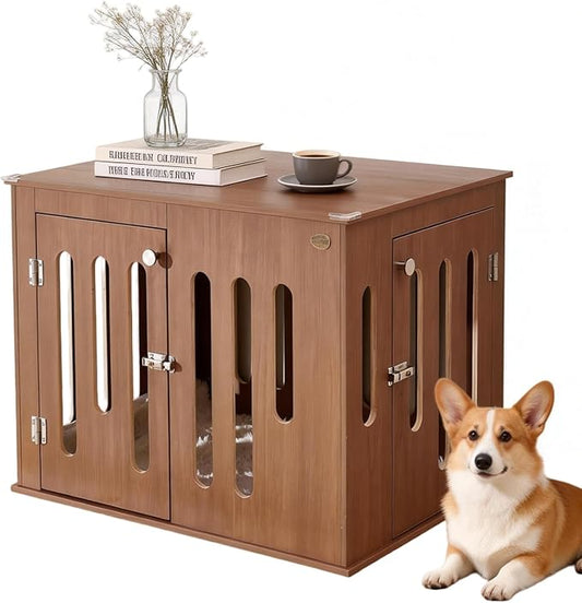 32 Inch Dog Crate Furniture for Medium Small Dogs with 2 Quick-Release Doors, Waterproof Multi-Layer Solid Wood in Walnut Color, Doubles as TV Stand,Side Table