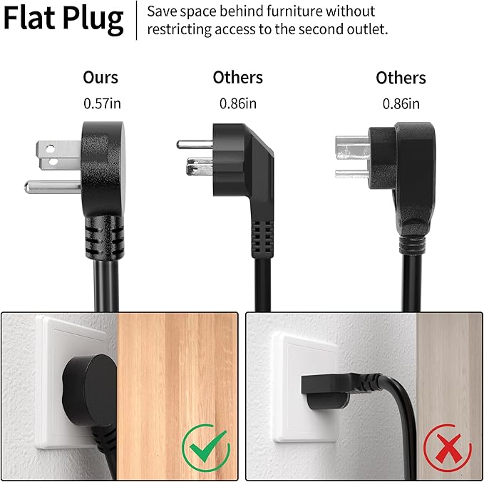 Vockjour 10 FT Black Low Profile Flat Plug 14 Gauge Heavy Duty Extension Cord, 14AWG 3-Wire Grounded Appliance Extension Cord, 15A/125V/1875W SJTW ETL Listed Power Cord