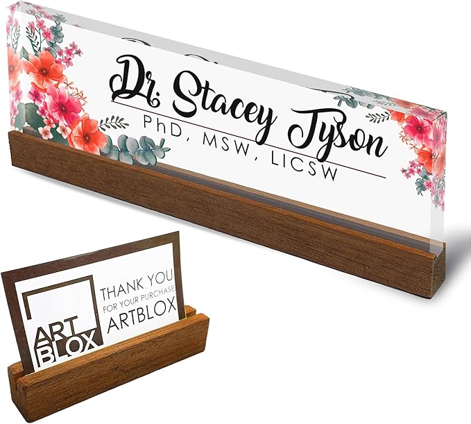 Artblox Personalized Office Desk Name Plate and Business Card Holder | Clear Acrylic Glass with Teak Wood Stand | Mixed Flowers Design Customized with Your Name and Credentials Office Desk Decor