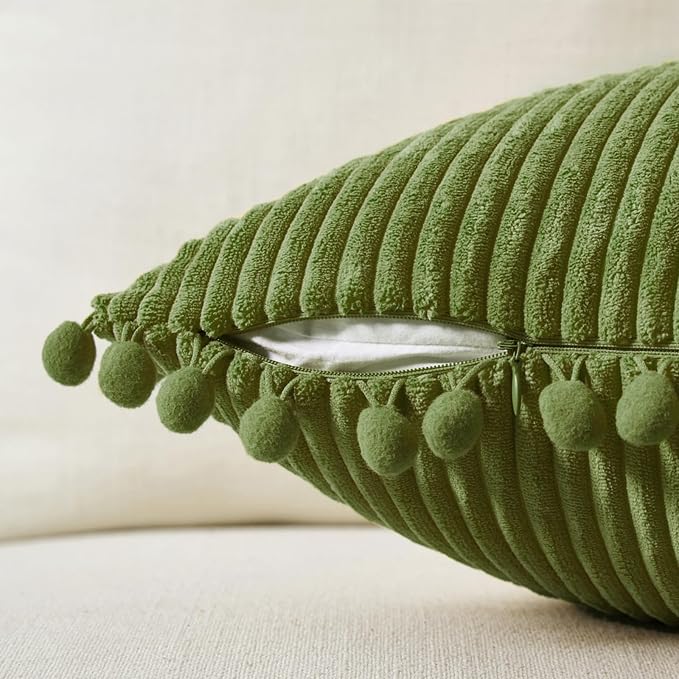 Fancy Homi Pack of 2 Moss Green Decorative Throw Pillow Covers with Pom-poms, Soft Corduroy Solid Square Cushion Cases Set for Couch Sofa Bedroom Car Living Room (20x20 Inch/50x50 cm, Moss Green)