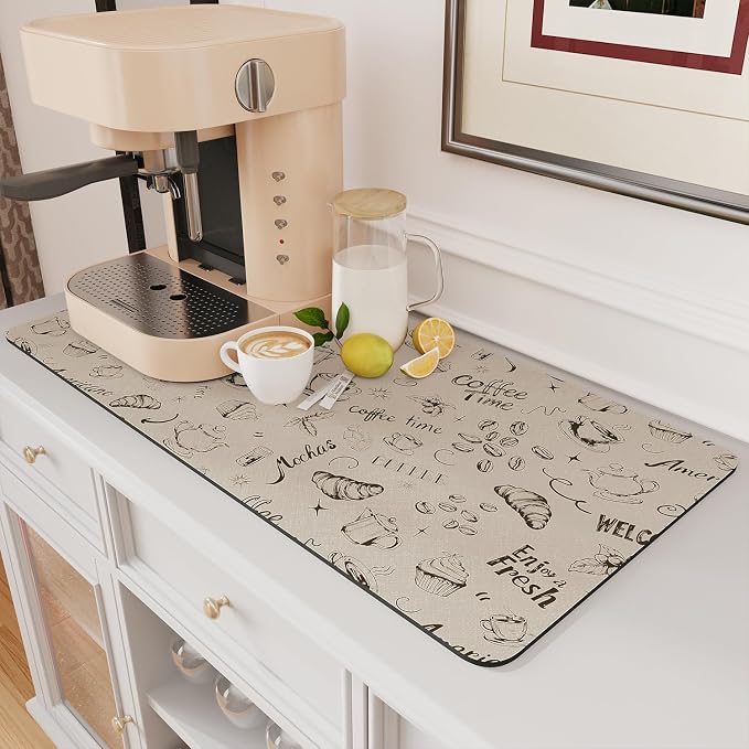 AMOAMI Coffee Mat Hide Stain Rubber Backed Absorbent Dish Drying Mat for Kitchen Counter - Fits Under Coffee Maker & Espresso Machine (17X31.5, MILK TEA)