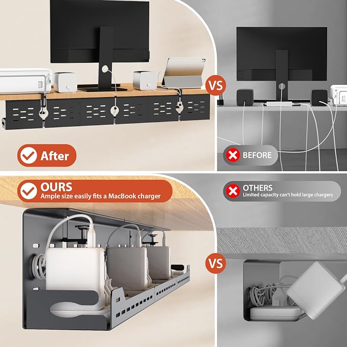 Univivi Under Desk Cable Management Tray, Cable Management, 48 inch, Black | Durable Steel, Cable Management with No-Drill C-Clamp and Screw Mount, Effortless Wire Management for Office/Home