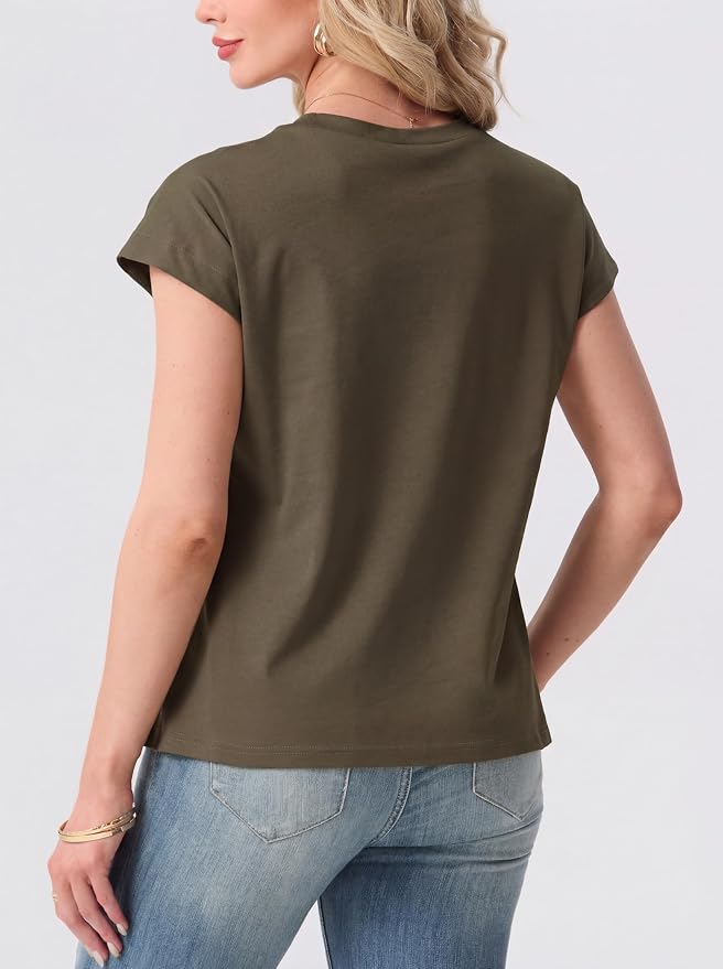 GRECERELLE Womens Summer Tops Cap Sleeve Crew Neck Basic T-Shirt | Everyday Casual Wear, Layering Friendly, Wrinkle-Resistant, Business Casual Ready, Lightweight & Packable, Capsule Wardrobe