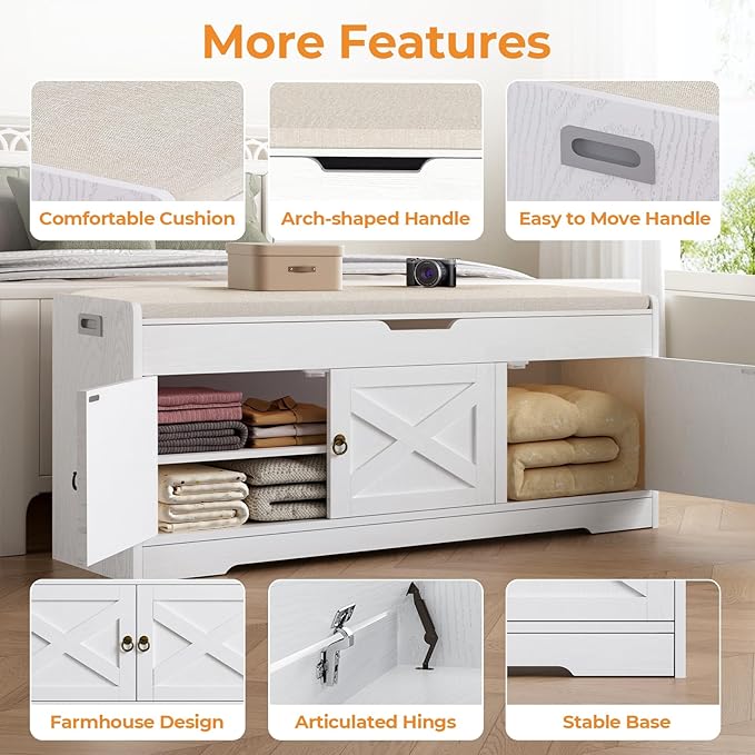Farmhouse Shoe Storage Bench with Cushion Seat, 3-Tier Entryway Bench with Lift Top Storage and Adjustable Shelf, Bench for Hallway, Bedroom, White