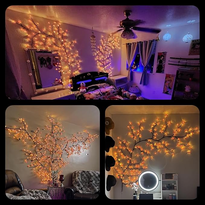 LED Tree Branch Lights for Wall 3.94 FT 48LEDs Cherry Blossom Lights with Remote and 8 Lighting Modes Cherry Blossom Garland Willow Vine Light for Bedroom Indoor Wall Wedding Christmas Decor