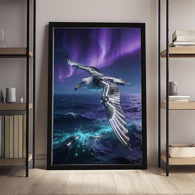 Framed Steampunk Mechanical Seagull Wall Art - Aurora Ocean Retro Poster for Bedroom Game Room Decor 24x36in