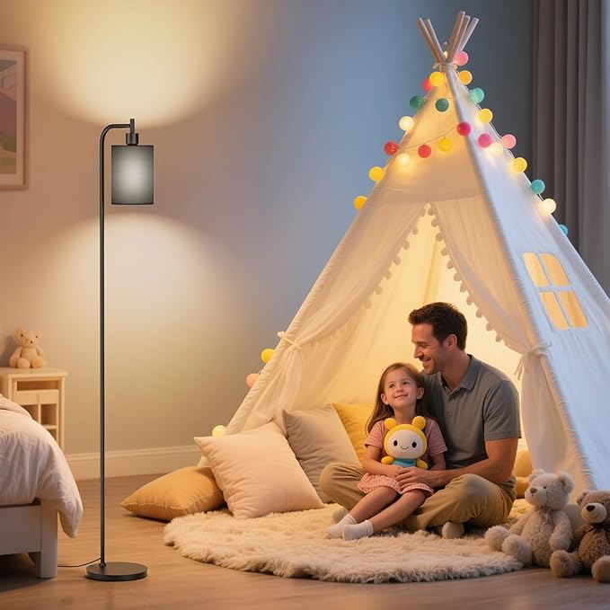 Floor Lamp with Linen Shade, Dimmable Tall Standing Lamp with Remote Control & 3 Color Temperatures, Modern Floor Lamps for Living Room Bedroom Office Corner, 9W LED Bulb Included
