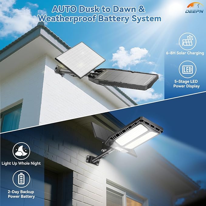 Deepn Solar Lights Outdoor, 8000W Solar Street Lights Outdoor Waterproof Dusk to Dawn LED Security Flood Light with Motion Sensor and Remote Control for Pathway, Entryway & Yard, 1 Pack
