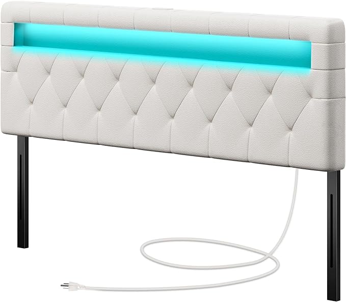 GREENSTELL Headboard for Queen Size Bed with 60,000 DIY Color of LED Light, USB & Type C Post, Attach Frame, Height Adjustable, White Leather Wall Mounted Head Boards Only, Sturdy & Stable, Queen