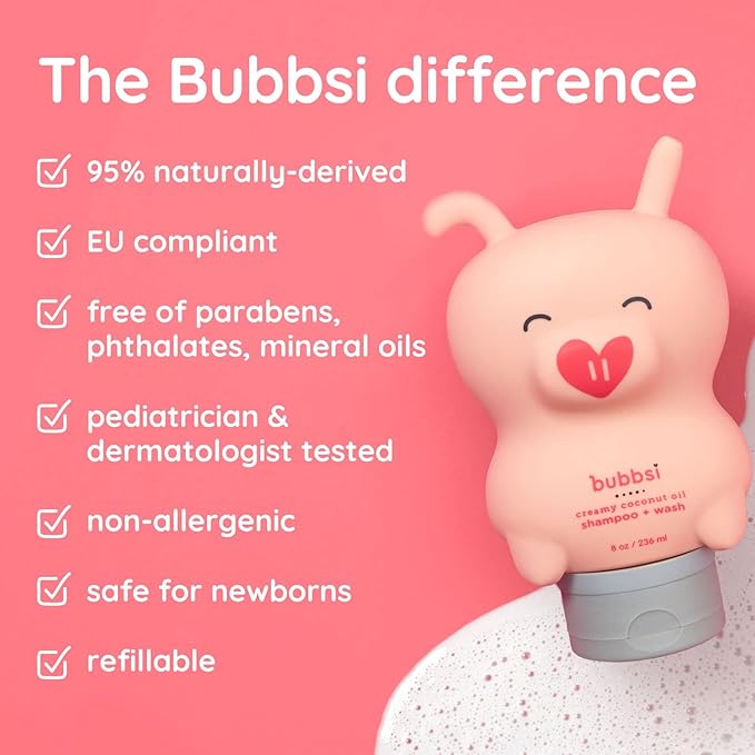 Bubbsi Creamy Coconut Oil Baby Shampoo & Wash | Light Natural Scent | Won't irritate eyes | Organic Coconut Oil + Shea | Gentle, Sulfate-free, Nourishing | Cradle Cap, Eczema (Refill Size, 32oz)