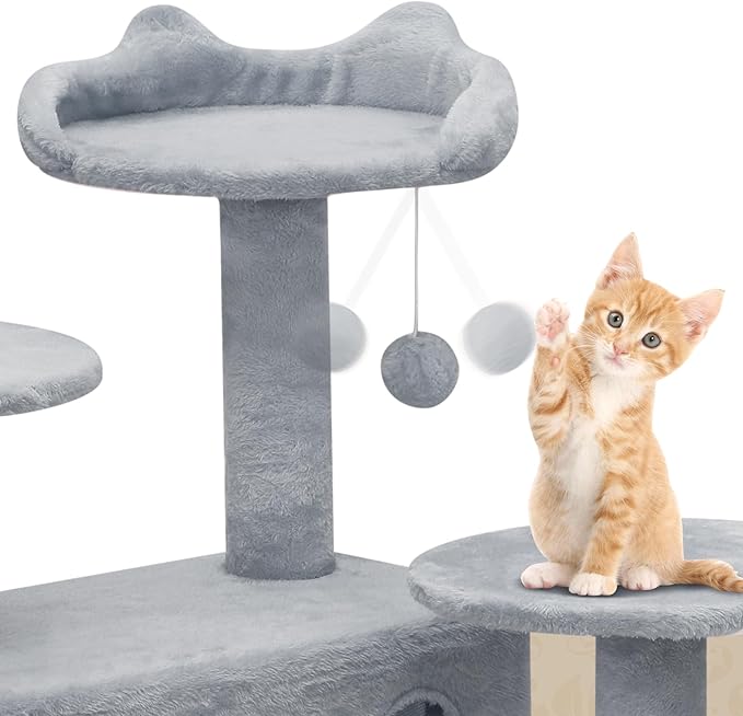 Athena Collection Cat Tree, 54 Inch Multi-Level Cat Activity Center with 2 Cat Condo & Scratching Post & Dangling Ball for Indoor Cats, Light Gray