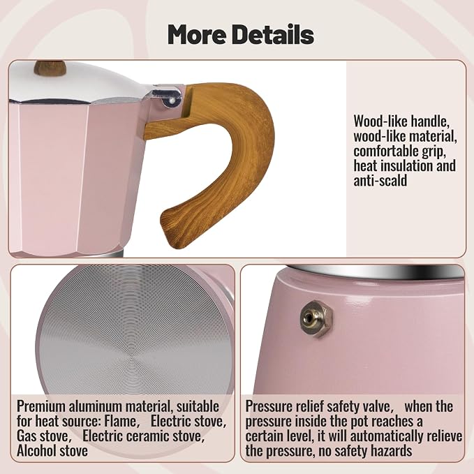 12 Cup Aluminum Moka Pot Classic Stovetop Espresso Coffee Maker 600ml 20oz Coffeemaker Percolator Mocha Pot Greca Coffee Maker Cafe Makers for Italian and Cuban Café Brewing Pink