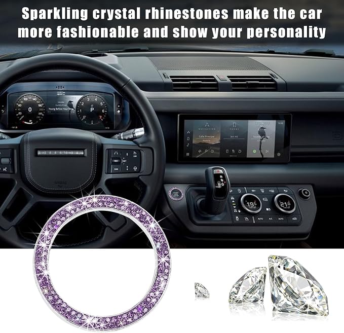 Kewucn 2 PCS Bling Crystal Double Rhinestone Car Engine Start Decoration Ring, Sparkling Push Start Button Sticker, Key Ignition & Knob Ring Decoration, Bling Car Interior Accessory(Purple)