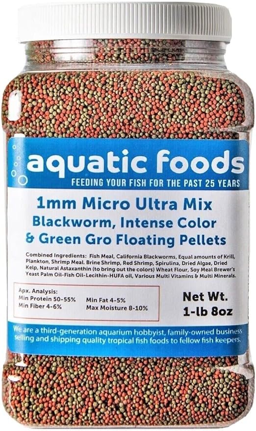 Aquatic Foods Inc. 1mm Ultra Mix of Blackworm, Intense Red, Green GRO Floating Pellets for Discus, Cichlids, All Tropicals, Koi and Pond Fish…1-lb & 8oz Med Jar