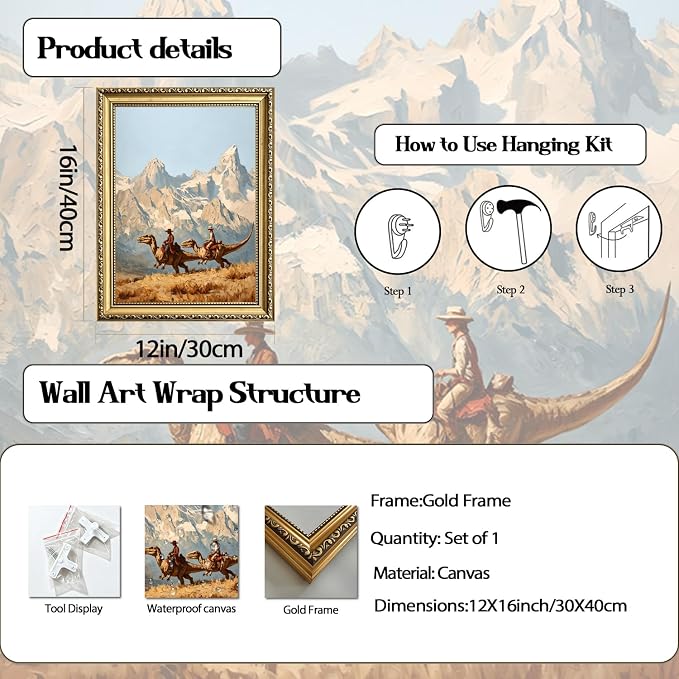 Gold Framed Dinosaur Cowboy Wall Art, Funny Western Cowboy Wall Decor Painting Vintage Southwestern Jurassic Canvas Prints Picture for Living Room Bedroom Farmhouse 12x16 Inch