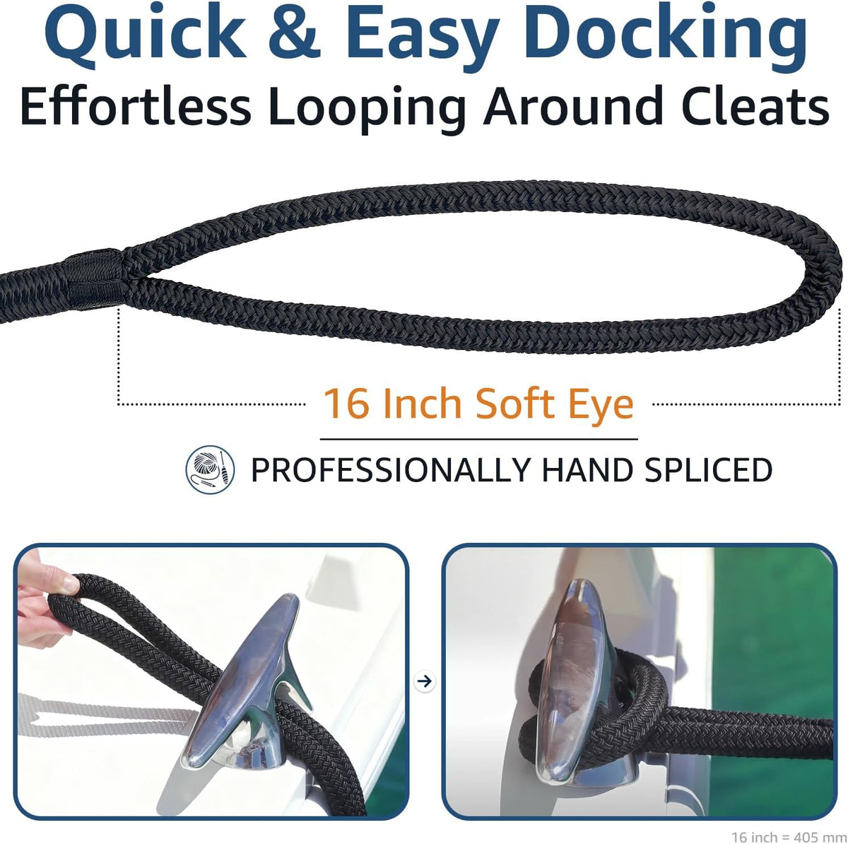 PACTHSD Dock Lines - 5/8" x 50' Double Braided Nylon Marine-Grade Boat Ropes with 16" Eyelet